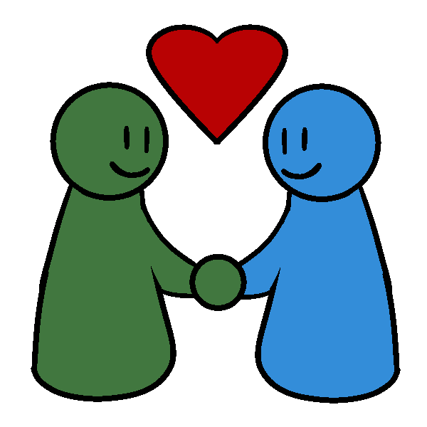  A green figure and a blue figure holding hands and smiling, with a heart between them. 